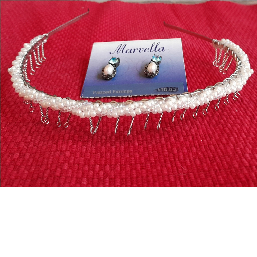 Pearl Wedding Headband and Earring Set